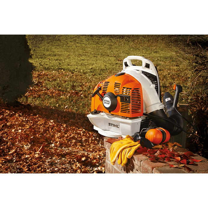 BR 430 sitting on a brick wall next to STIHL protective gear