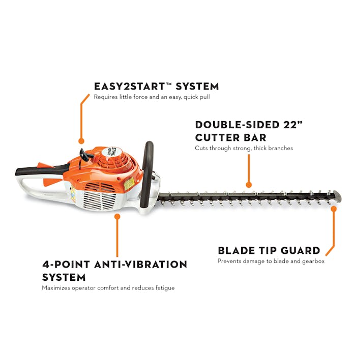 Diagram of the HS 46 C-E featuring the Easy2Start™ System, Double-Sided 22" Cutter Bar, 4-Point Anti-Vibration System, and Blade Tip Guard