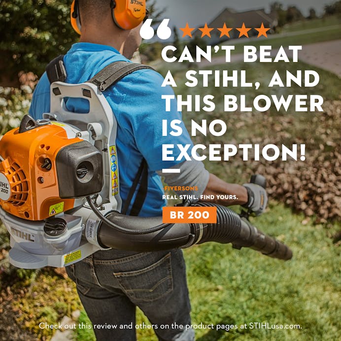 Image with user review for BR 200 that reads "Can't beat a STIHL, and this blower is no exception!" 