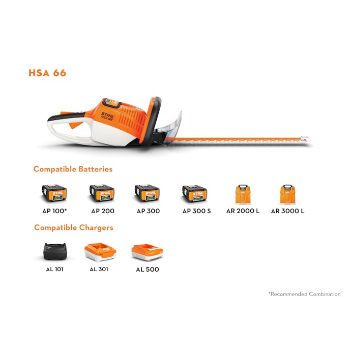 Compatible batteries and chargers for the HSA 66 including the AP 100, AP 200, AP 300, AP 300 S, AR 2000 L, AR 3000 L, AL 101, AL 301, and AL 500