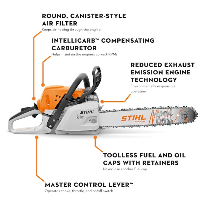 Infographic of MS 251 WOOD BOSS® pointing out the Intellicarb Compensating Carburetor, Round Canister-Style Air Filter, Reduced Exhaust Emission Engine Technology, Master Control Lever, and Toolless Fuel and Oil Caps with Retainers 