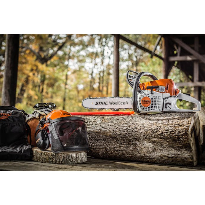 MS 251 WOOD BOSS® resting on log next to some protective gear