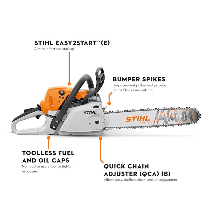 diagram of the MS 251 C-BE that points out the following features: STIHL EASY2Start, Bumper Spikes, Toolless fuel and oil caps, quick chain adjuster
