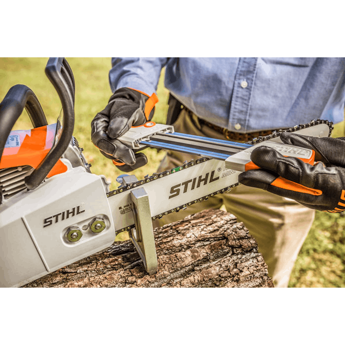 	Side view of 2 in 1 Filing Guide being used to sharpen STIHL Chainsaw