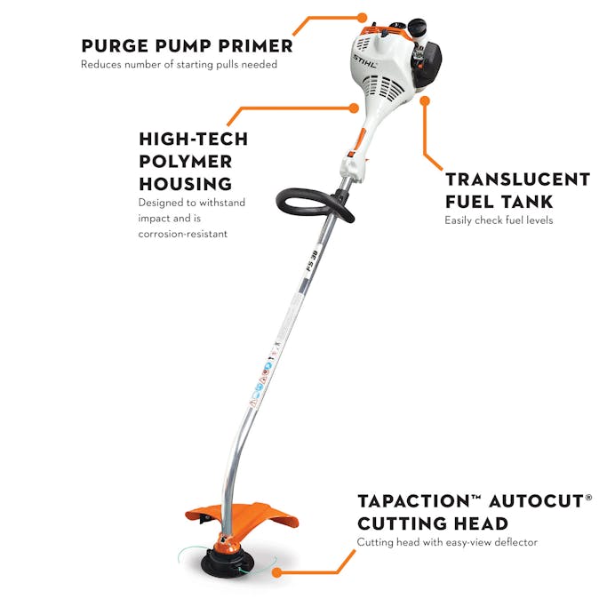 Infographic of FS 38 pointing out the Purge Pump Primer, High-Tech Polymer Housing, Translucent Fuel Tank and Tapaction Autocut Cutting Head 