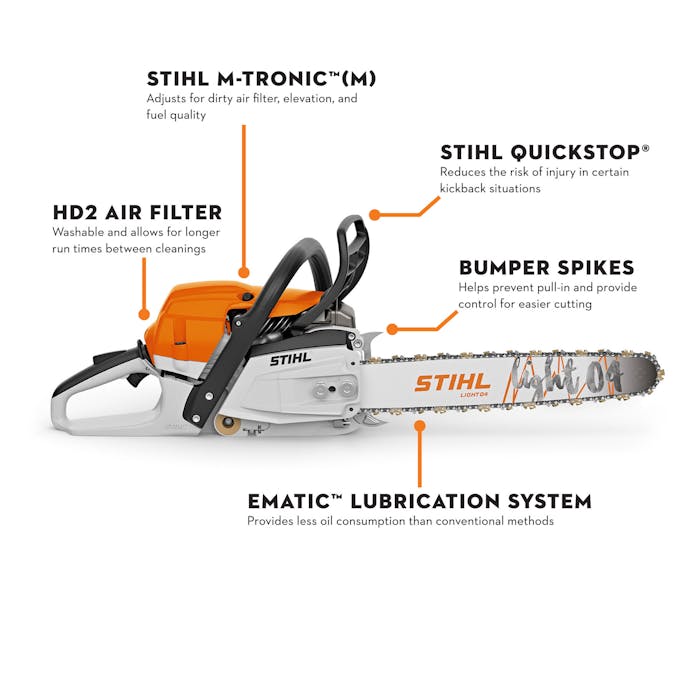 Diagram of the MS 261 C-M that points to the following features: STIHL M-tronic, HD2 air filter, STIHL quickstop, bumper spikes and ematic lubrication system