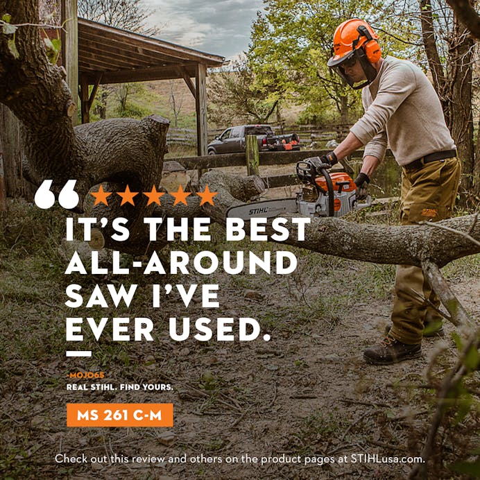 Image with user review for MS 261 C-M that reads "It's the best all-around saw I've ever used."