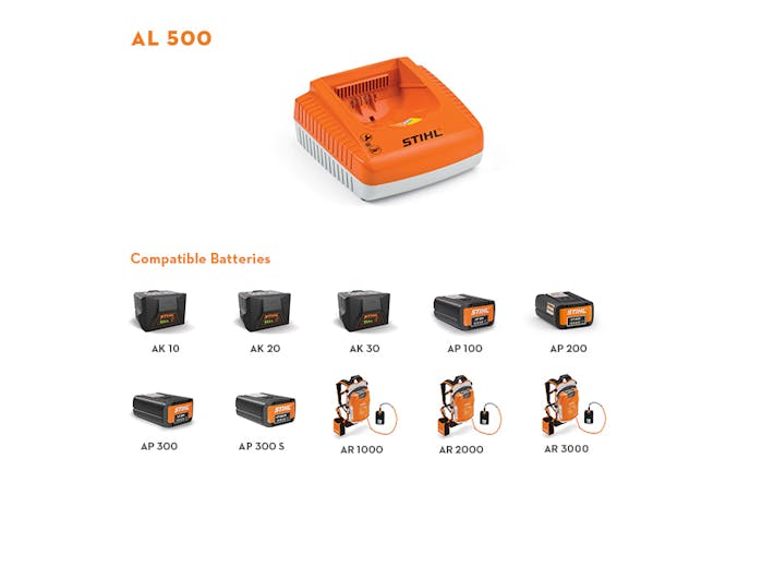 Compatible batteries for the AL 500 High-Speed Battery Charger including the AK 10, AK 20, AK 30, AP 100, AP 200, AP 300, AP 300 S, AR 1000, AR 2000, and AR 3000