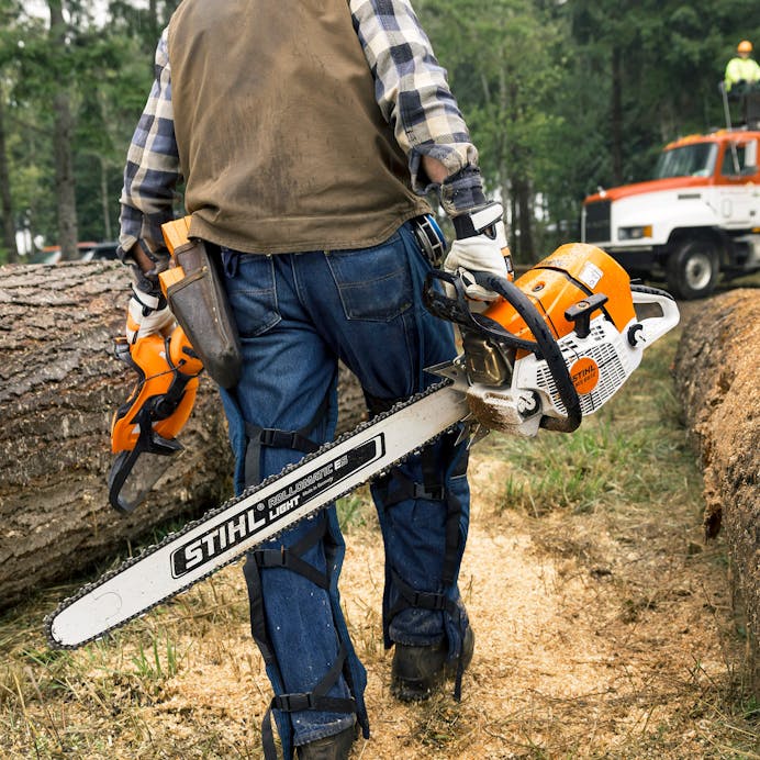 Man holding MS 661 R C-M MAGNUM® through the trees