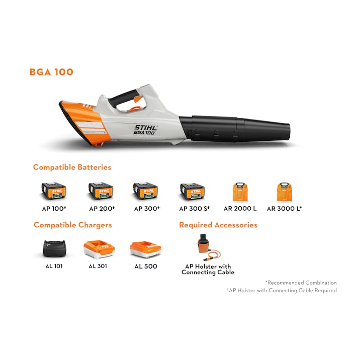 Compatible batteries, chargers, and accessories for the BGA 100 including the AP 100, AP 200, AP 300, AP 300 S, AR 2000 L, AR 3000 L, AL 101, AL 301, AL 500, and AP Holster with connecting cable