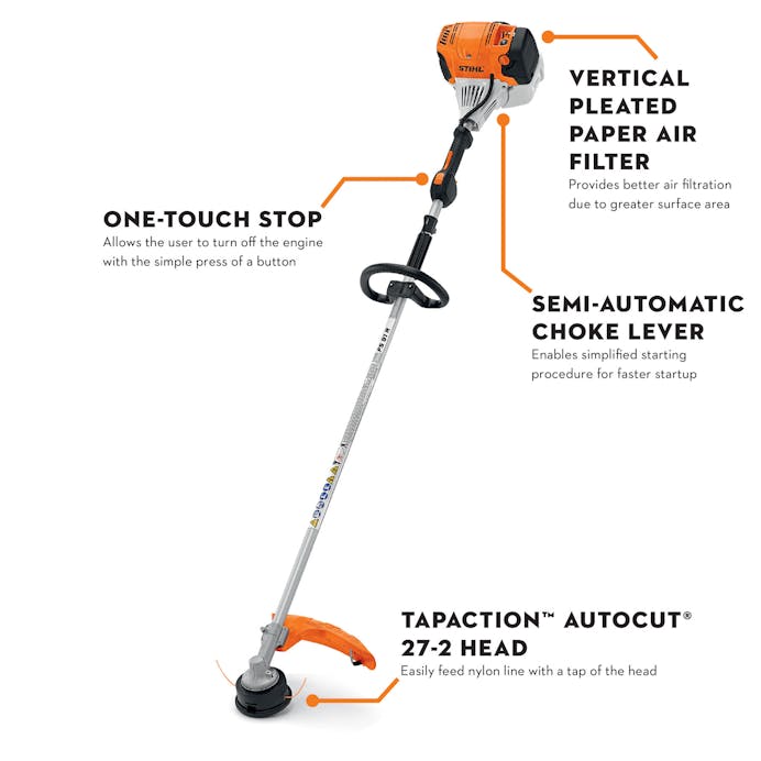 Infographic of FS 91 R pointing out the Vertical Pleated Paper Air Filter, Semi-Automatic Choke Lever, One-Touch Stop and Tapaction Autocut 27-2 Head