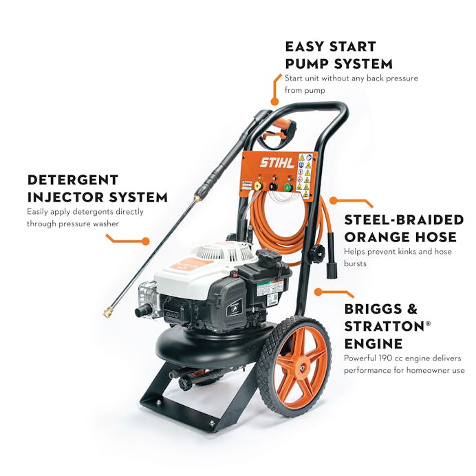 Diagram of STIHL RB 200 featuring an Easy Start Pump System, Detergent Injector System, Steel-Braided Orange Hose, and Briggs & Stratton® Engine