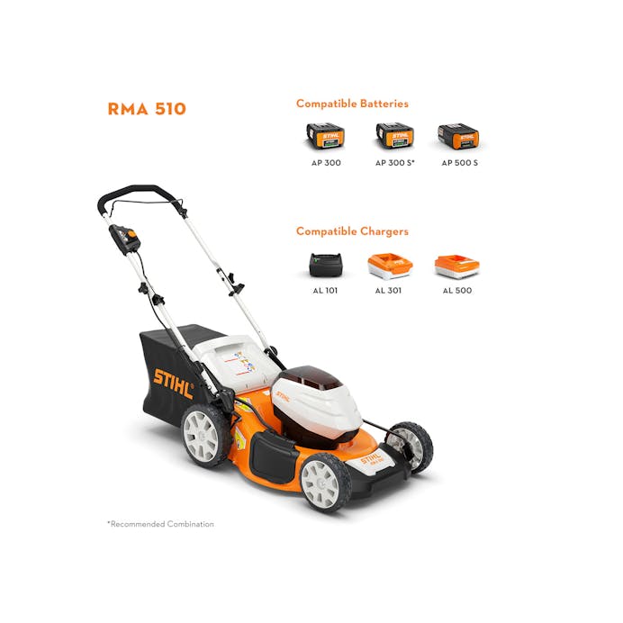 Compatible batteries and chargers for the STIHL RMA 510 including the AP 300, AP 300 S, AP 500 S, AL 101, AL 301, and AL 500