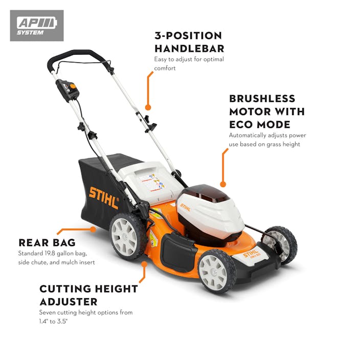 Diagram of STIHL RMA 510 pointing out the 3-Position Handlebar, Brushless Motor with Eco Mode, Rear Bag, and Cutting Height Adjuster