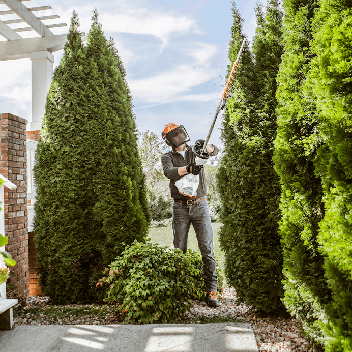 Man trimming trees using the HL 56 K (0°)