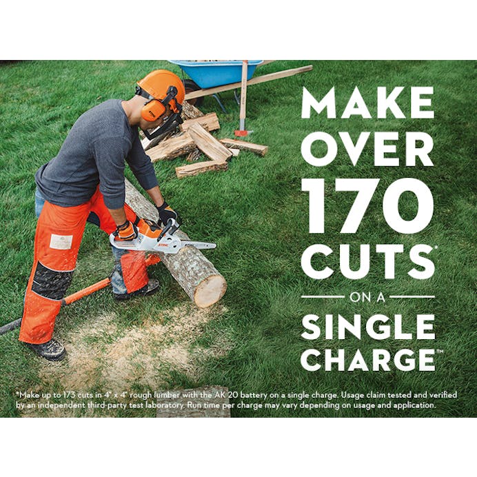 Promo shot of man cutting with MSA 120 with text saying "Make over 170 cuts on a single charge"