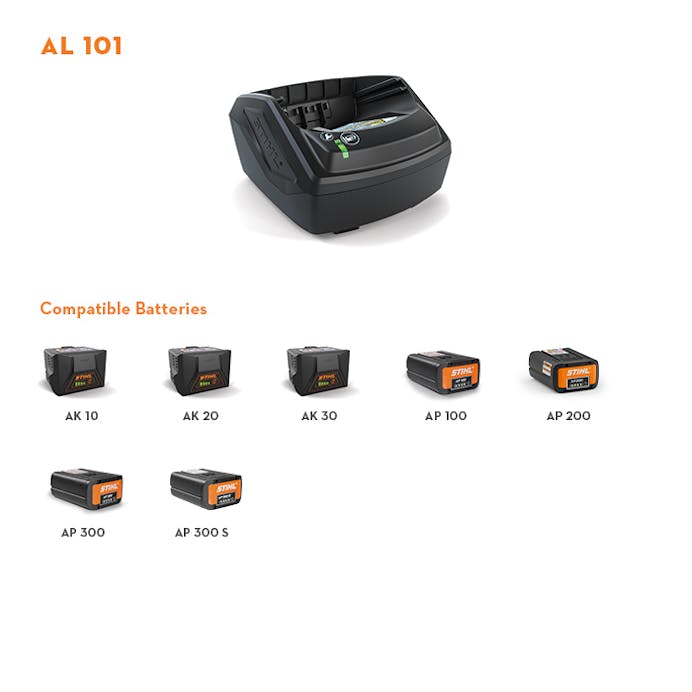 Compatible batteries for the AL 101 Charger including the AK 10, AK 20, AK 30, AP 100, AP 200, AP 300, and AP 300 S