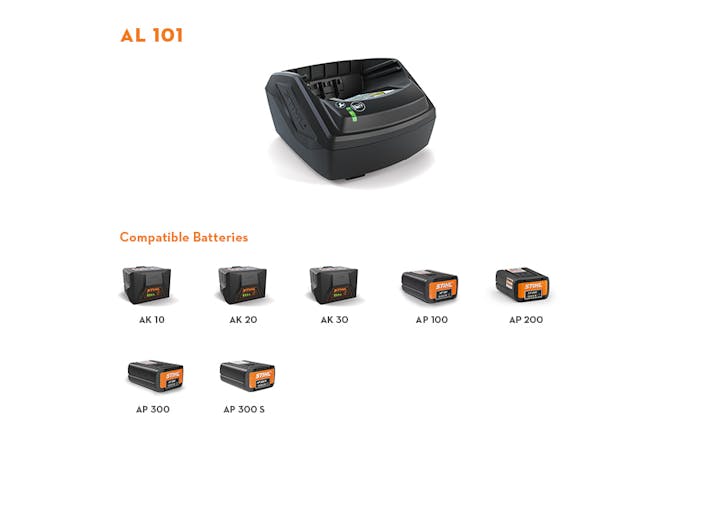 Compatible batteries for the AL 101 Charger including the AK 10, AK 20, AK 30, AP 100, AP 200, AP 300, and AP 300 S