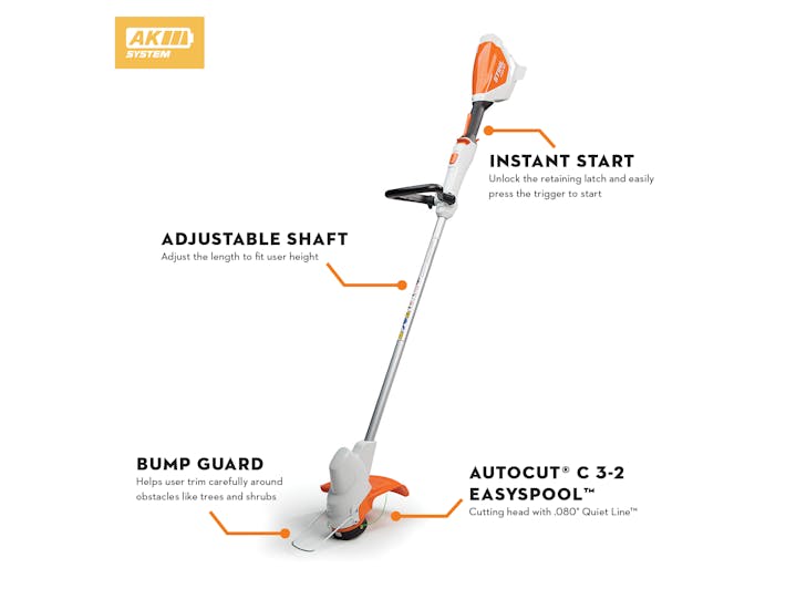 Diagram of FSA 57 pointing out the Instant Start, Adjustable Shaft, Bump Guard, and AutoCut® C 3-2 EasySpool™ cutting head