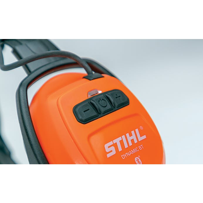 Close up of the STIHL DYNAMIC Bluetooth® Hearing Protection power and volume buttons