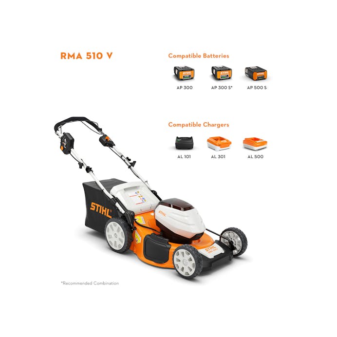 Compatible batteries and chargers for the STIHL RMA 510 V including the AP 300, AP 300 S, AP 500 S, AL 101, AL 301, and AL 500