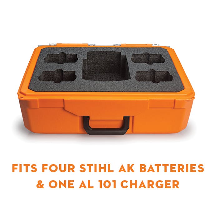 Carrying case with insert to fit four STIHL AK batteries and one AL 101 battery charger
