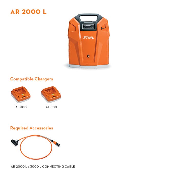 Compatible chargers and required accessories for the AR 2000 L including the AL 300, AL 500, and AR 2000 L/3000 L Connecting Cable