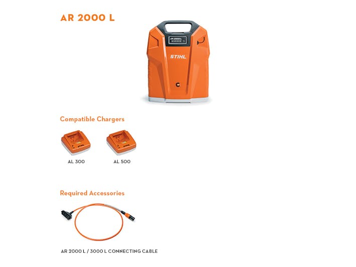 Compatible chargers and required accessories for the AR 2000 L including the AL 300, AL 500, and AR 2000 L/3000 L Connecting Cable