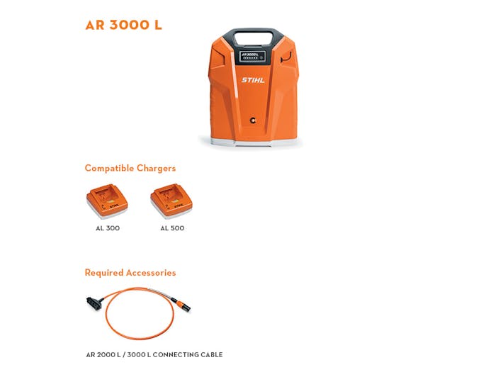 Compatible chargers and required accessories for AR 3000 L including the AL 300, AL 500, and AR 2000 L/3000 L Connecting Cable