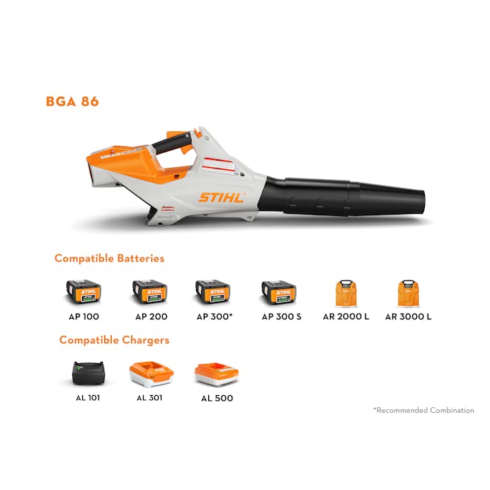 Compatible batteries and chargers for the BGA 86 including the AP 100, AP 200, AP 300, AP 300 S, AR 2000 L, AR 3000 L, AL 101, AL 301, and AL 500