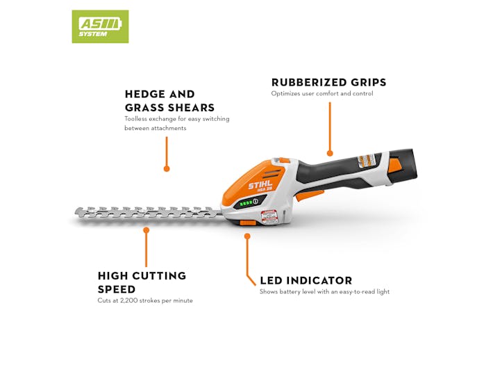 Diagram of the HSA 26 pointing out the rubberized grips, hedge and grass shears, high cutting speed, and LED indicator