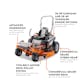 Diagram of RZ 700 with functions: Advanced suspension, Two-Belt Mower Deck Pulley System, 26 HP Kawaski and 28 HP Vanguard Engine Options, Commerical-Grade Hydro-Gear and Commerical-Grade Mowing Deck