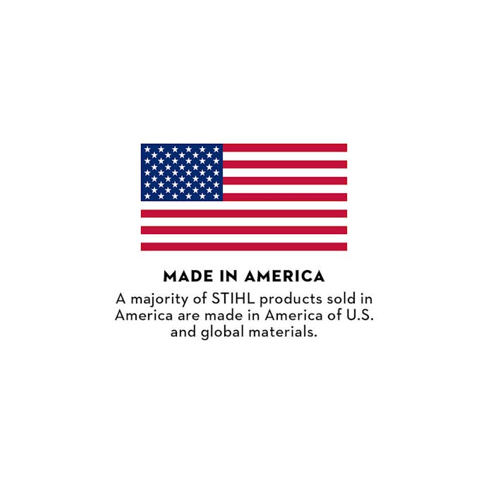 Made in America disclaimer saying "a majority of STIHL products sold in America are made in America of US and global materials"