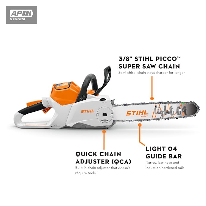Infographic of MSA 220 C-B pointing out the Variable-Speed Trigger, STIHL QuickStop® function, Quick Chain Adjuster, and Brushless Motor.