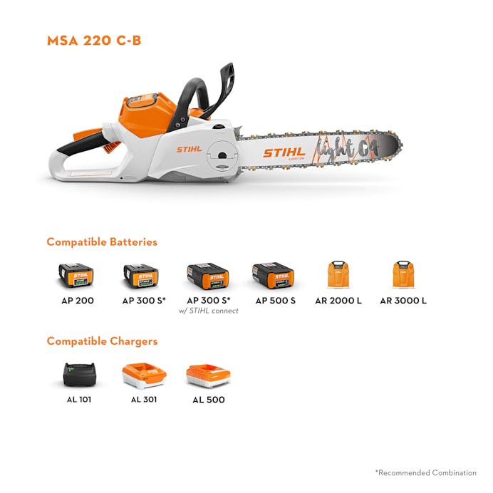 Battery Compatibility of MSA 220 C-B featuring Compatible Batteries: AP 200, AP 300 S*, AP 300 S* w/ STIHL Connect, AP 500 S, AR 2000 L, and AR 3000 L. Compatible Chargers: AL 101, AL 301, and AL 500.
