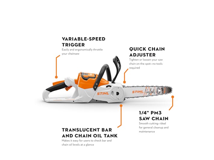 Infographic of the MSA 60 pointing out the Variable-Speed Trigger, Quick Chain Adjuster, 1/4" PM3 Saw Chain, and Translucent Bar and Chain Oil Tank.