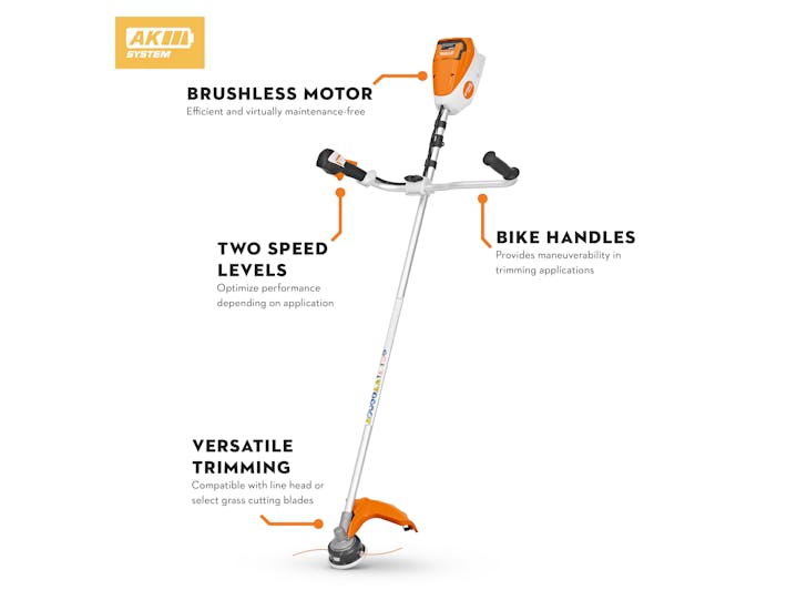Diagram of FSA 80 with features: Brushless motor, Two Speed Levels, Bike Handles, and Versatile trimming