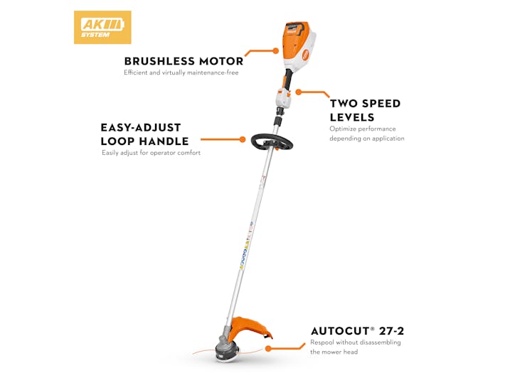 Diagram of FSA 80 R pointing out the Brushless Motor, Two Speed Levels, Easy-Adjust Loop Handle, and AutoCut® 27-2 mower head