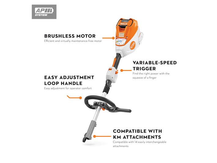Diagram of KMA 120 R pointing out the Brushless Motor, Variable-Speed Trigger, Easy Adjustment Loop Handle, and its compatibility with KM attachments