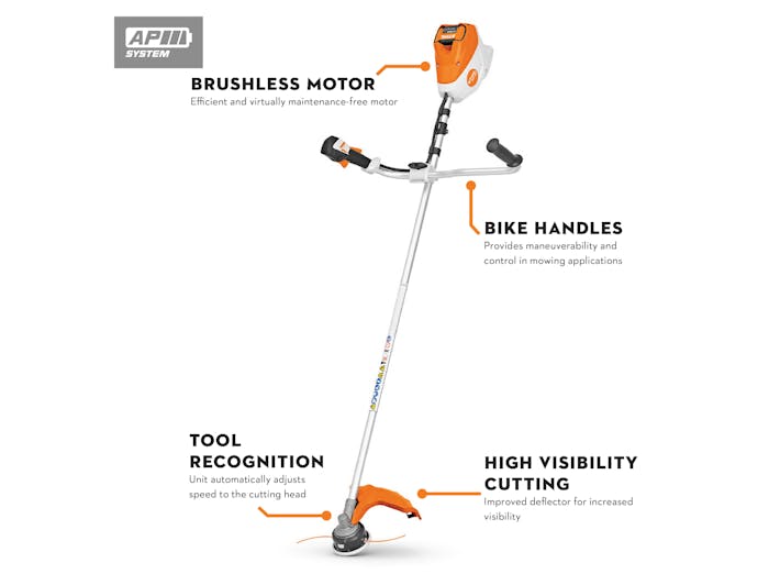 Diagram of FSA 120 pointing out the Brushless Motor, Tool Recognition, Bike Handles, and High Visibility Cutting