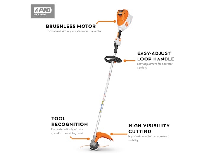 Diagram of FSA 80 R with features: Brushless motor, Tool recognition, Easy-Adjust Loop Handle, and high visibility cutting