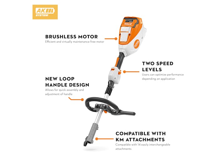 Diagram of KMA 120 R with features: Brushless motor, Two-speed levels, New loop handle design, compatible with KM attachments