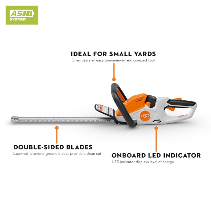Infographic of the HSA 30 pointing out the onboard LED indicator, double-sided blades, and that its ideal for small yards