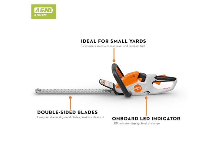 Infographic of the HSA 30 pointing out the onboard LED indicator, double-sided blades, and that its ideal for small yards 