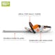 Infographic of the HSA 30 pointing out the onboard LED indicator, double-sided blades, and that its ideal for small yards