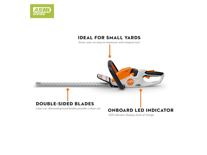 Diagram of STIHL HSA 40 hedge trimmer pointing out the onboard LED indicator, double sided blades, and that it is ideal for small yards
