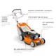 Diagram of RM 655 VS pointing out the Mono-Comfort Handle, Vario Wheel Drive, Polymer Grass Bag, Blade Brake Clutch and 21" Mowing Deck