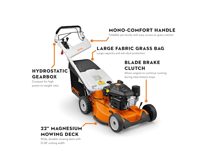Diagram of RM 756 YC pointing out the Mono-Comfort Handle, Hydrostatic Gearbox, Large Fabric Grass Bag, Blade Brake Clutch and 22" Magnesium Mowing Deck