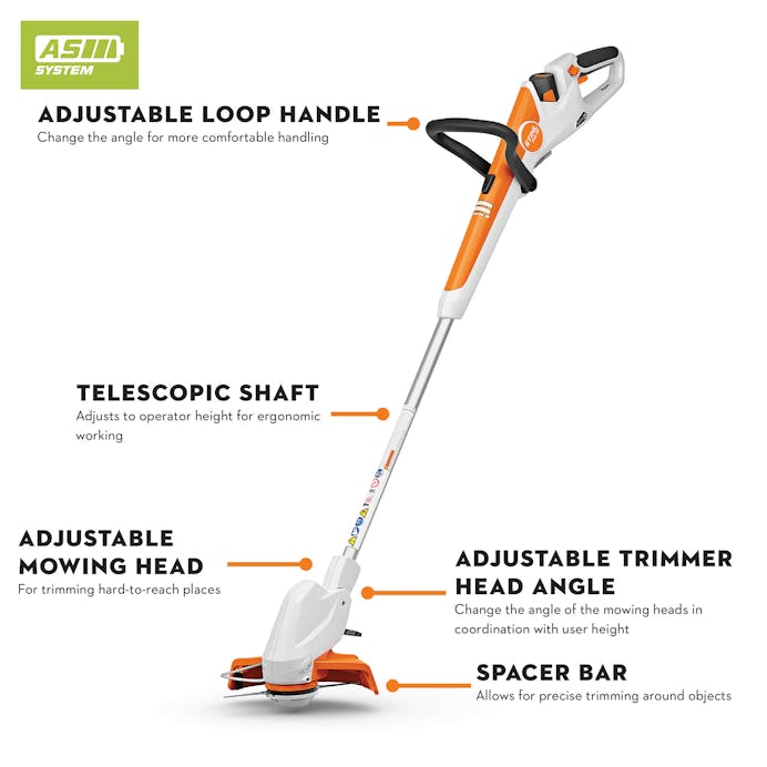 Diagram of FSA 30 pointing to adjustable loop handle, telescopic shaft, adjustable mowing head, adjustable trimmer head angle and spacer bar