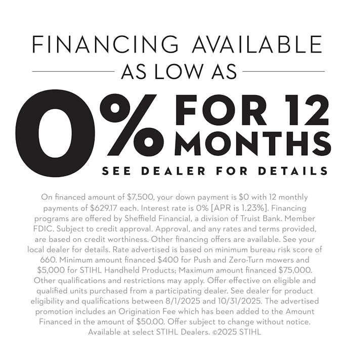 RMA 348 promo with text "0% for 12 months see dealer for details"